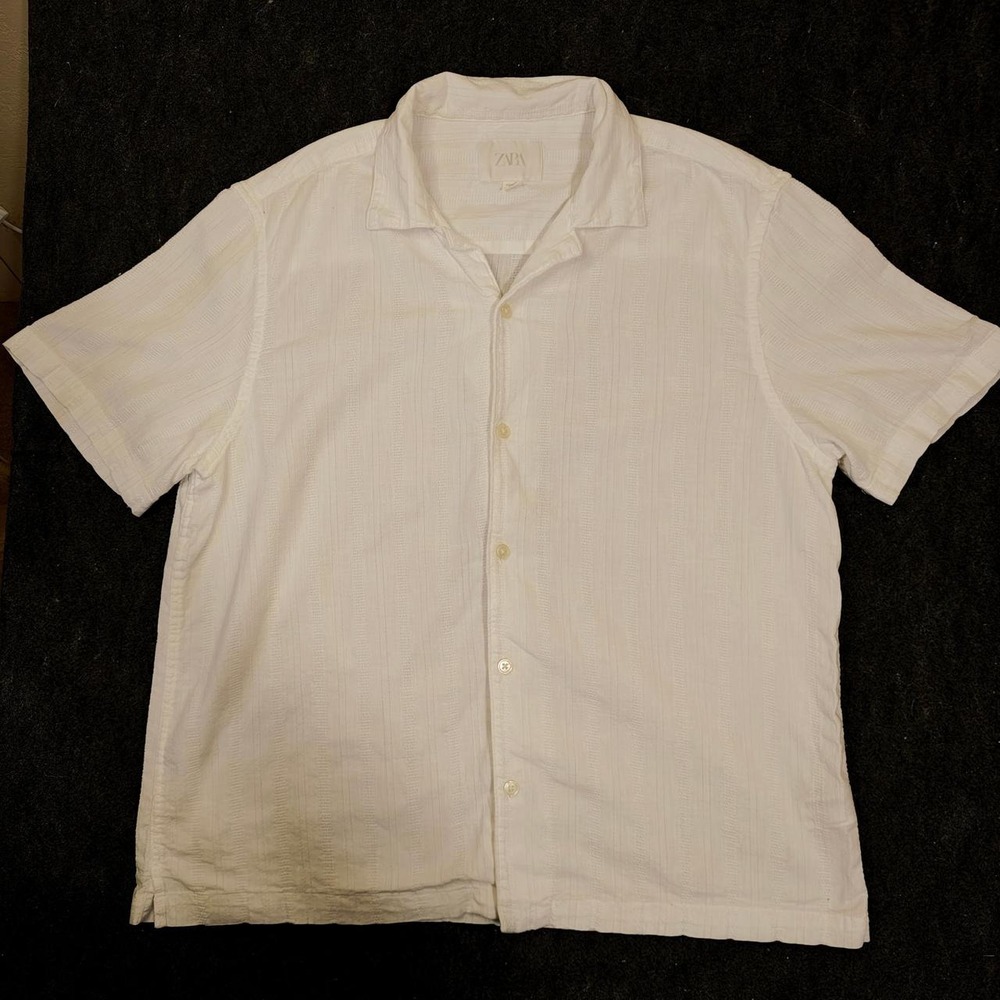 Zara Mens White Cotton Textured Short Sleeve Button Up Shirt XL Dobby Camp